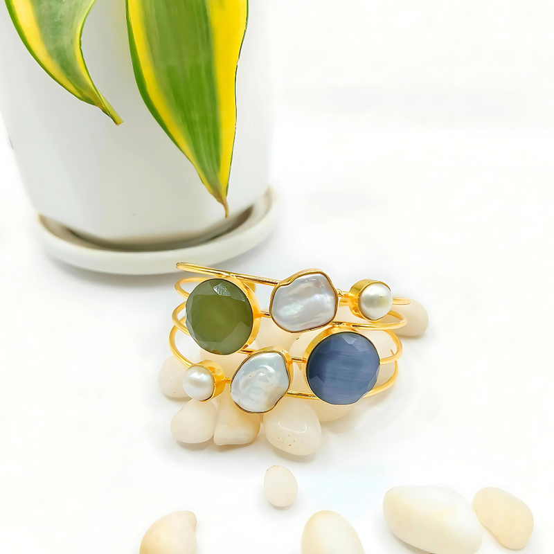 Handmade Adjustable Gold Cuff Bracelet with Mother of Pearl, Blue & Green Quartz Stone Bracelets