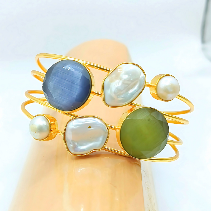 Handmade Adjustable Gold Cuff Bracelet with Mother of Pearl, Blue & Green Quartz Stone Bracelets