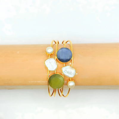 Handmade Adjustable Gold Cuff Bracelet with Mother of Pearl, Blue & Green Quartz Stone Bracelets