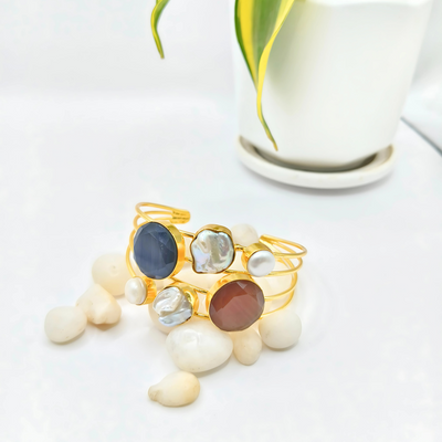 Handmade Adjustable Gold Cuff Bracelet with Mother of Pearl, Brown & Blue Quartz Stone Bracelets