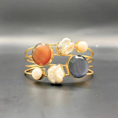 Handmade adjustable gold cuff bracelet with Mother of Pearl & quartz stones.