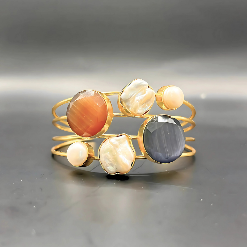 Handmade Adjustable Gold Cuff Bracelet with Mother of Pearl, Brown & Blue Quartz Stone Bracelets