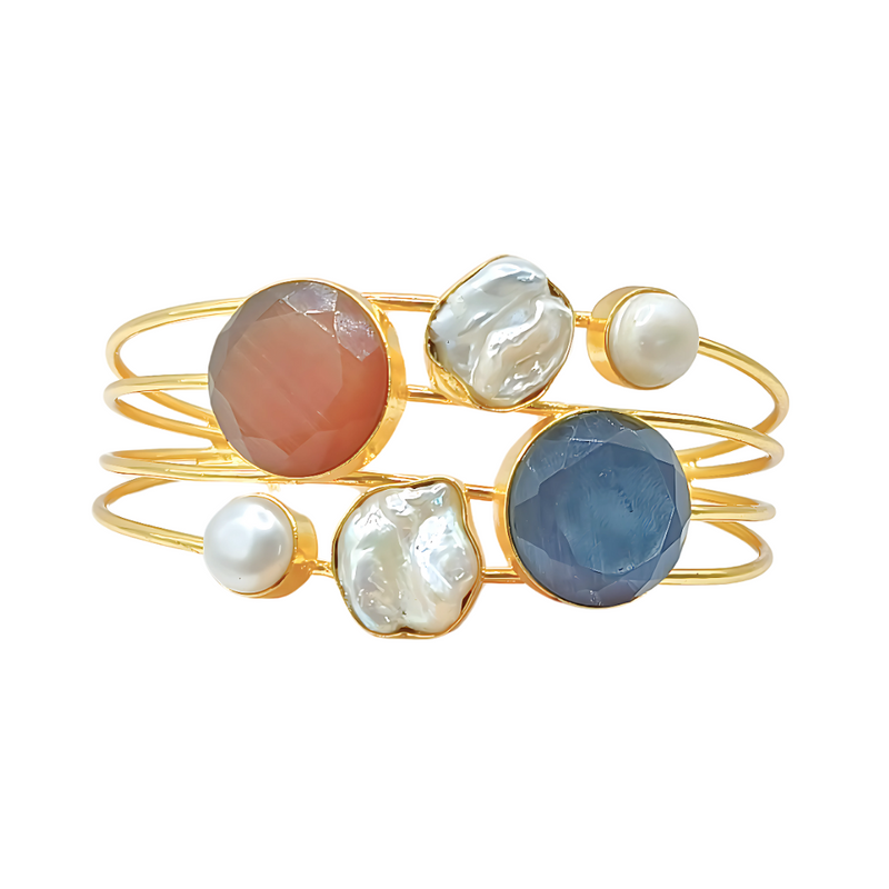 Handmade Adjustable Gold Cuff Bracelet with Mother of Pearl, Brown & Blue Quartz Stone Bracelets