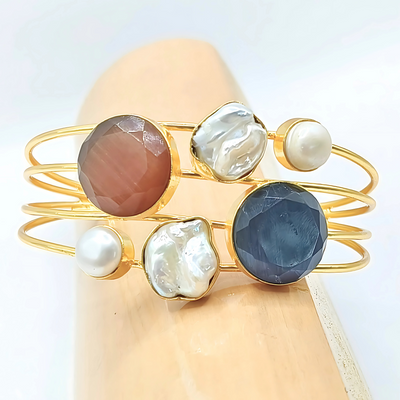 Handmade Adjustable Gold Cuff Bracelet with Mother of Pearl, Brown & Blue Quartz Stone Bracelets