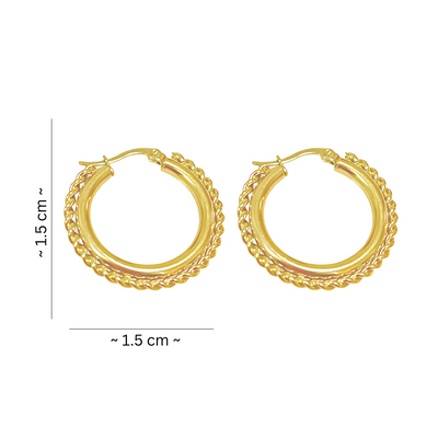 Elegant round floral gold hoop earrings with braided design.