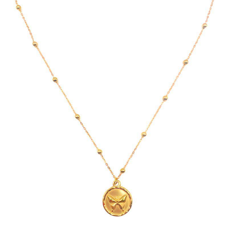Butterfly Coin Gold-Plated Necklace with Beaded Chain