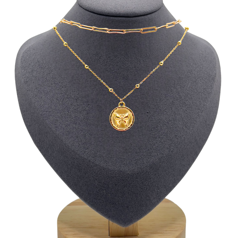 Butterfly Coin Gold-Plated Necklace with Beaded Chain