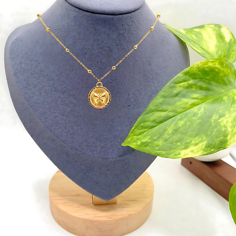 Butterfly Coin Gold-Plated Necklace with Beaded Chain