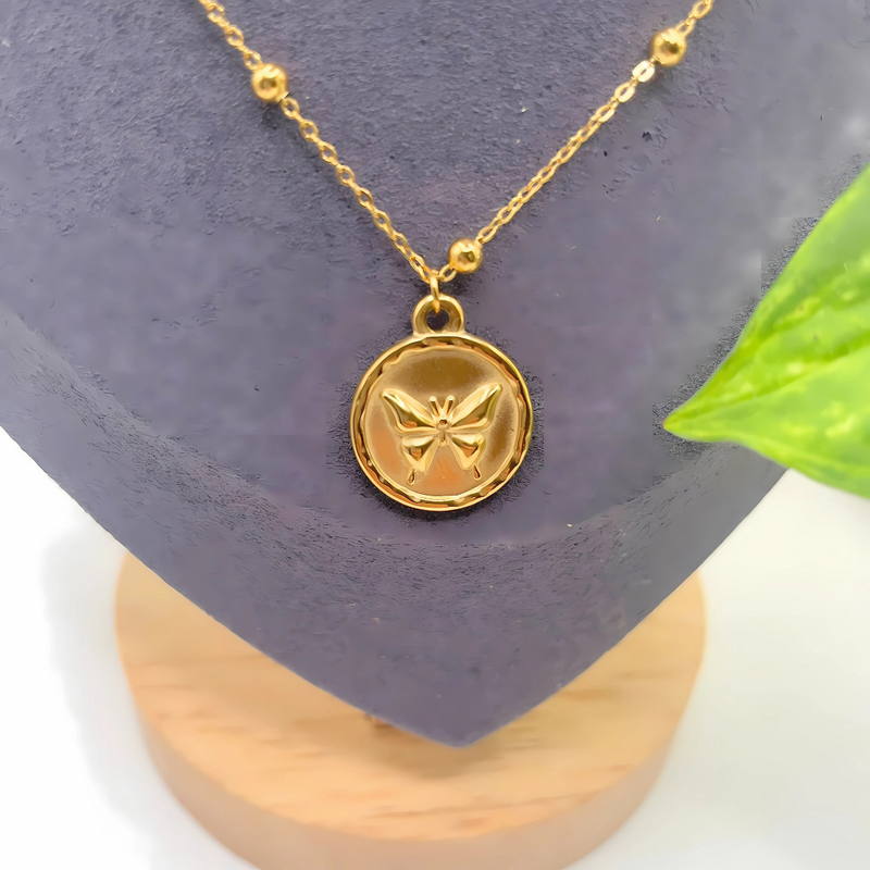 Butterfly Coin Gold-Plated Necklace with Beaded Chain