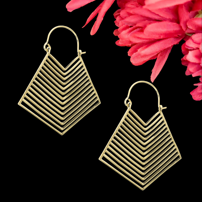 Stylish geometric brass earrings with a unique kite-shaped pattern.