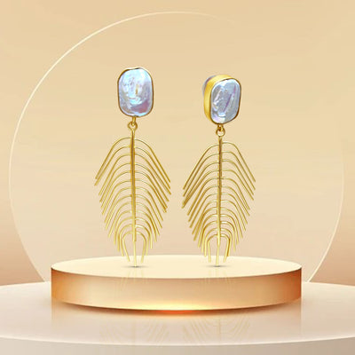 Botanical Majesty Statement Fern Earrings with Faux Pearls – (Gold)