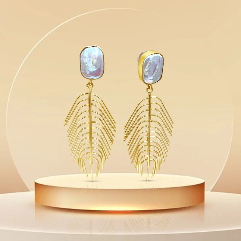 Botanical Majesty Statement Fern Earrings with Faux Pearls – (Gold)