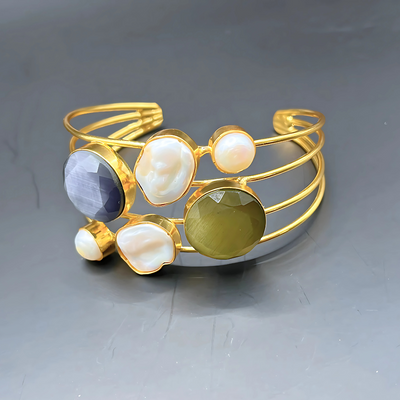 Handmade Adjustable Gold Cuff Bracelet with Mother of Pearl, Blue & Green Quartz Stone Bracelets