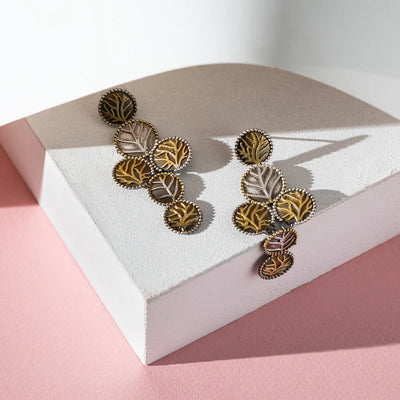 Two Tone Gold & Silver Leaf Dangle Drop Earring.