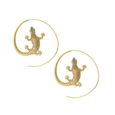 Gold lizard threader earrings with spiral hoop design for a bold look.