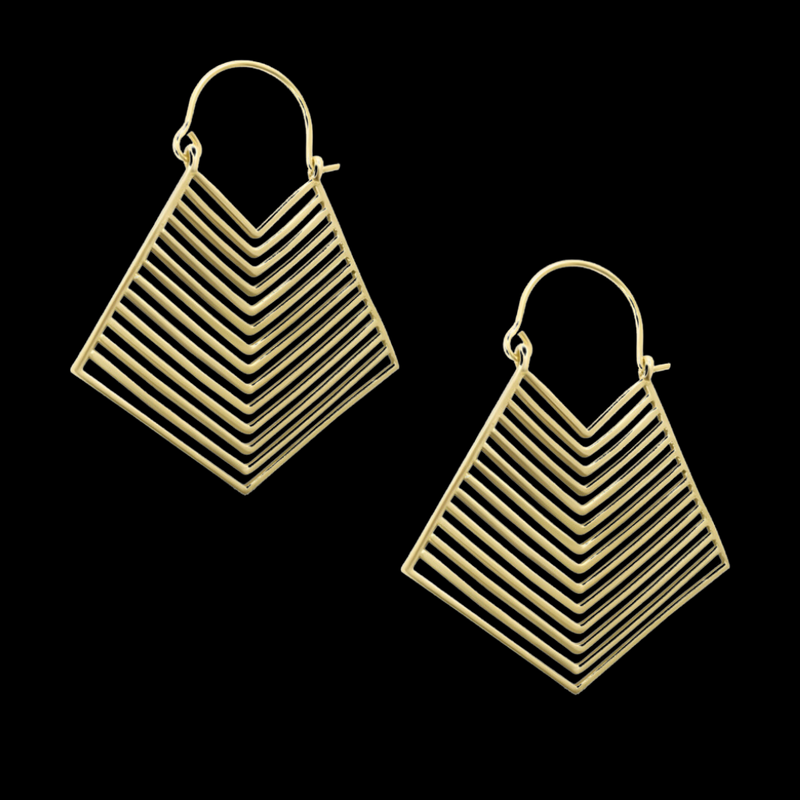 Stylish geometric brass earrings with a unique kite-shaped pattern.