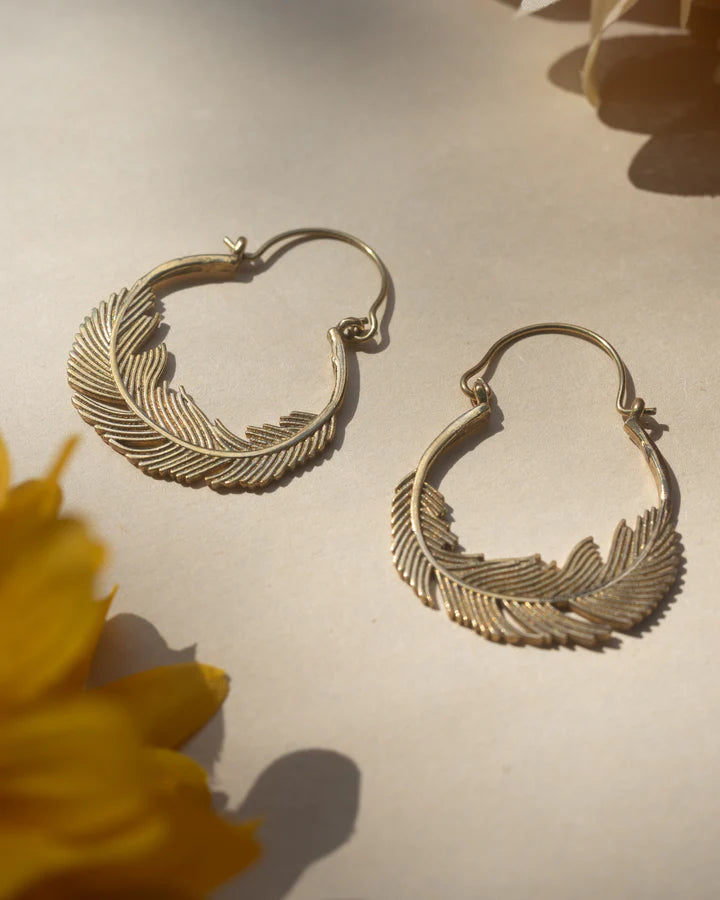 Gold Plated Feather Simple Hoop Earrings
