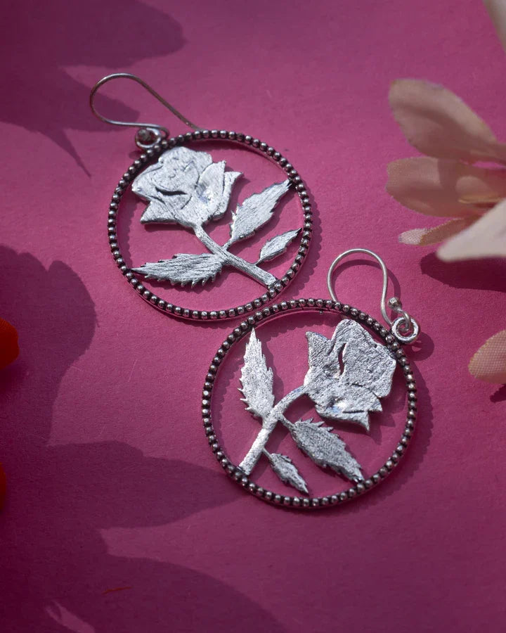 Rose Blossom Beaded Silver Plated Dangle Drop Earrings