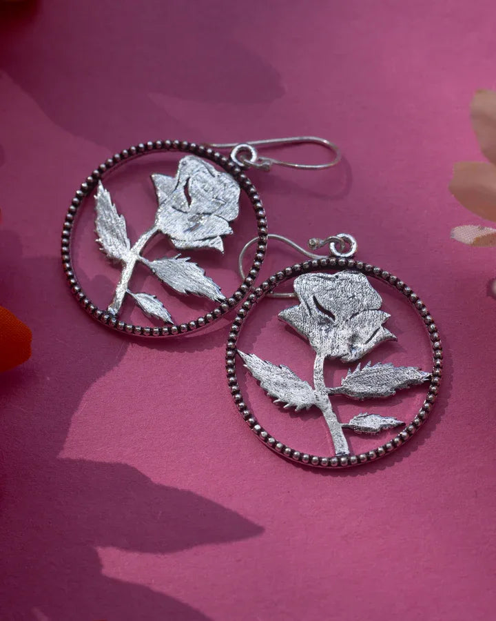 Rose Blossom Beaded Silver Plated Dangle Drop Earrings
