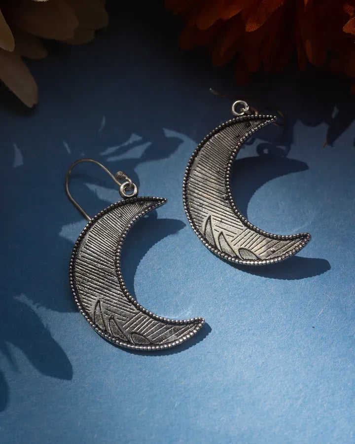 Large Silver Tone Crescent Moon Drop Earrings