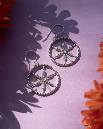 Silver Daisy Flower Center Drops Beaded Round Hook Earring