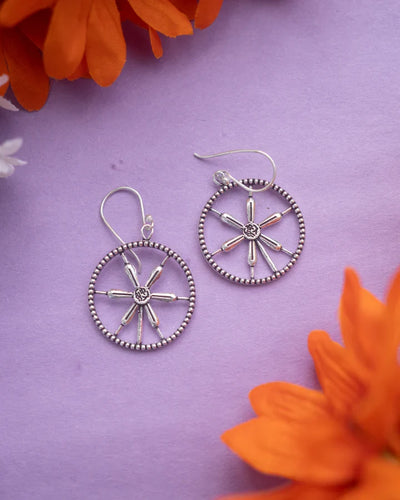 Silver Daisy Flower Center Drops Beaded Round Hook Earring