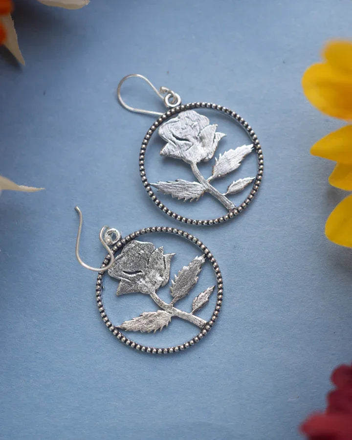 Rose Blossom Beaded Silver Plated Dangle Drop Earrings
