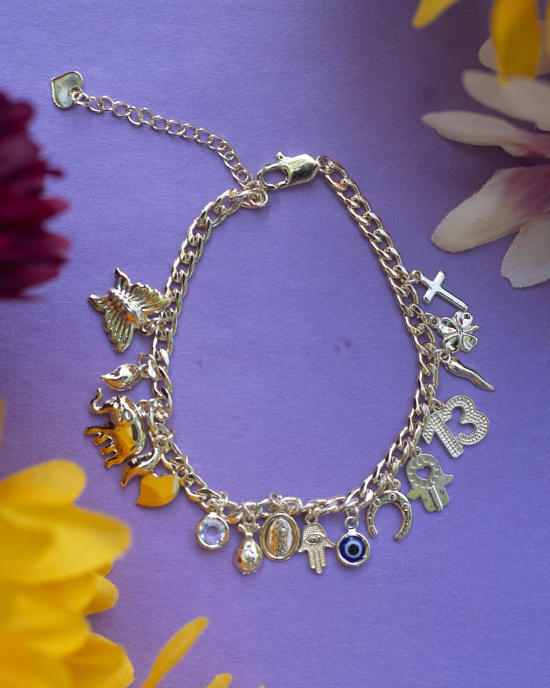 Gold Finish Evil Eye Charm Bracelet, Elephant, Hearts, Italian Horn Butterfly