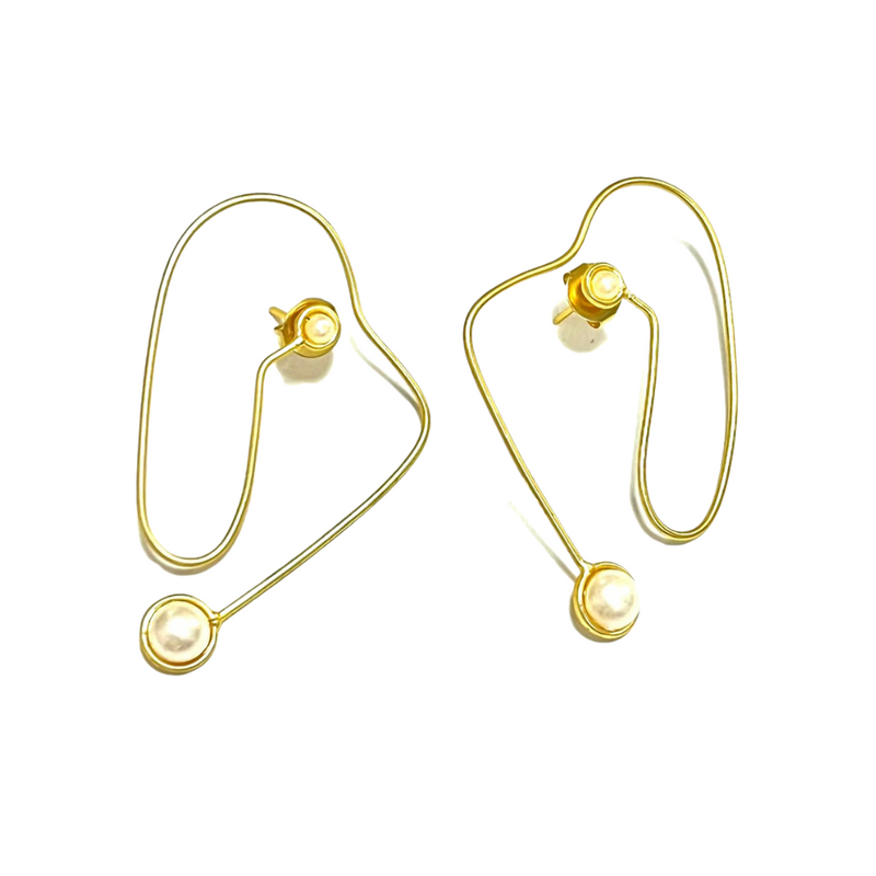 Modern abstract gold wire earrings with faux pearls, stylish and lightweight.