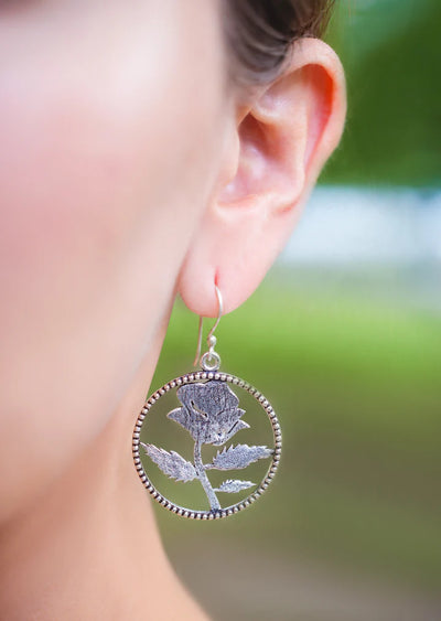 Rose Blossom Beaded Silver Plated Dangle Drop Earrings