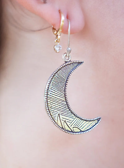 Large Silver Tone Crescent Moon Drop Earrings