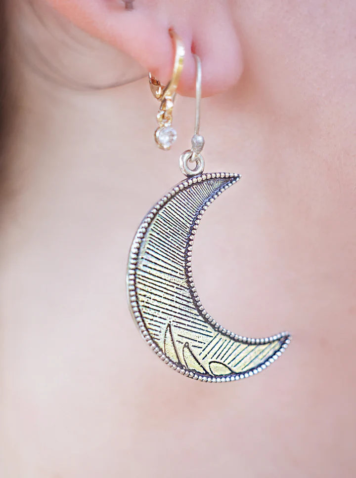 Large Silver Tone Crescent Moon Drop Earrings