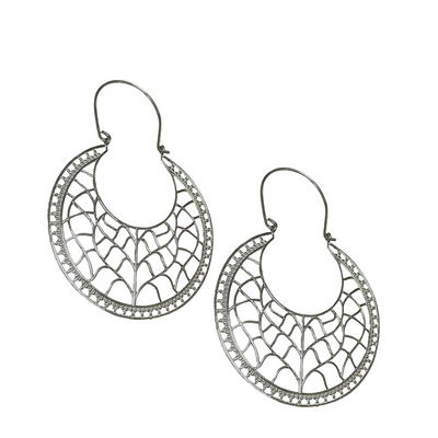 Pair of silver hoop earrings with intricate designs on a white background