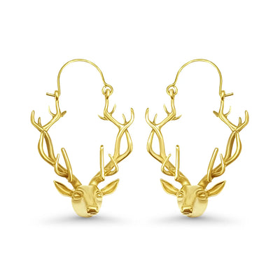 Gold deer antler hoop earrings photographed from side angle, showcasing lifelike animal-inspired design and elegant golden sheen.