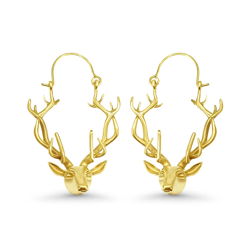 Gold deer antler hoop earrings photographed from side angle, showcasing lifelike animal-inspired design and elegant golden sheen.