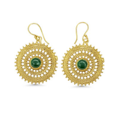 Gold tribal mandala earrings photographed on white background, highlighting circular frame, embossed detailing, and elegant ethnic charm.