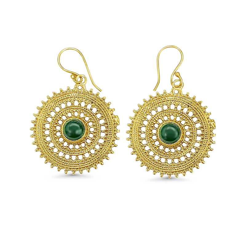 Gold tribal mandala earrings photographed on white background, highlighting circular frame, embossed detailing, and elegant ethnic charm.