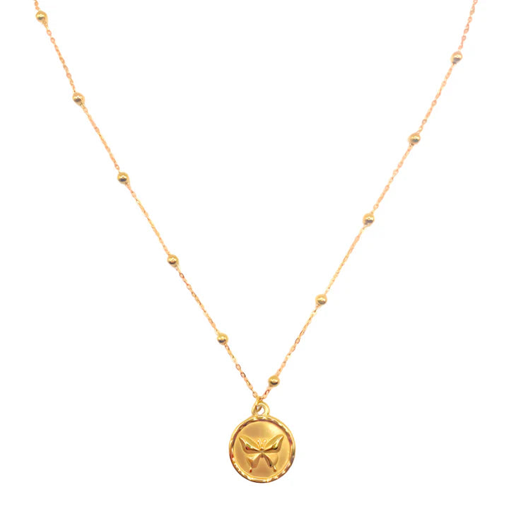 Butterfly Coin Gold-Plated Necklace with Beaded Chain