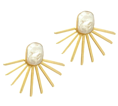 Gold Cheri Studs featuring baroque pearls and radiating sunburst design, displayed on a white background for a minimal and elegant look.
