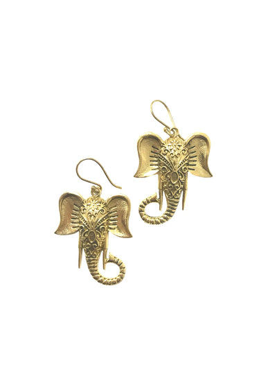 Close-up of gold elephant Ganesh earrings on white background, showcasing artistic curves and polished finish.