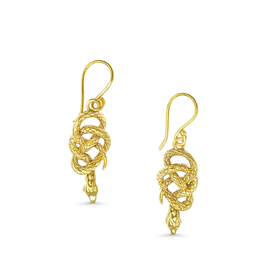 Gold serpent earrings with textured body and loop design, showcasing handcrafted detail and smooth polished finish.