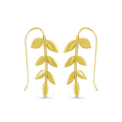 Close-up of long gold leaf earrings on white background, highlighting handcrafted leaf texture and minimal modern style.