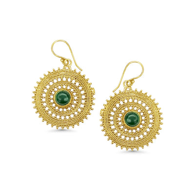 Close-up of gold mandala-style dangle earrings with green stone, showcasing fine handcrafted texture and artistic geometric design.