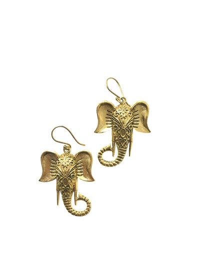 Gold Ganesh-inspired elephant earrings displayed on a white background, featuring intricate detailing symbolizing divinity and wisdom.