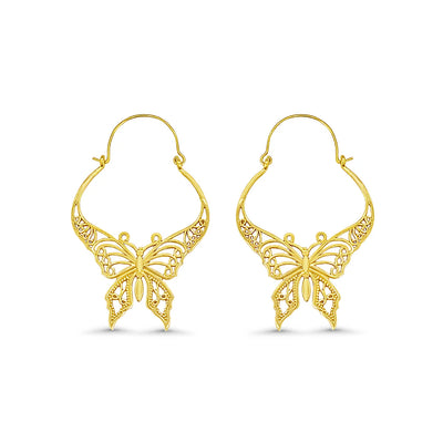 Gold filigree butterfly hoop earrings displayed on white background, featuring intricate cut-out design and handcrafted detailing.