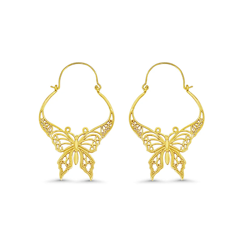 Gold filigree butterfly hoop earrings displayed on white background, featuring intricate cut-out design and handcrafted detailing.