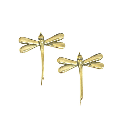 Elegant gold-plated dragonfly drop earrings displayed on white background, featuring detailed wing texture and nature-inspired design.
