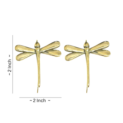 Gold dragonfly earrings shown with measurement guide, highlighting lightweight structure and fine craftsmanship.
