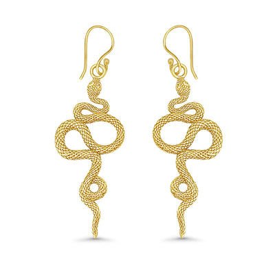 Elegant gold curvy snake dangle earrings displayed on white background, featuring detailed textured body and handcrafted serpentine design.