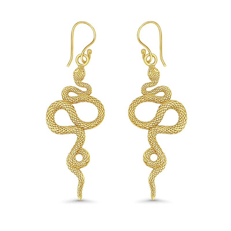 Elegant gold curvy snake dangle earrings displayed on white background, featuring detailed textured body and handcrafted serpentine design.